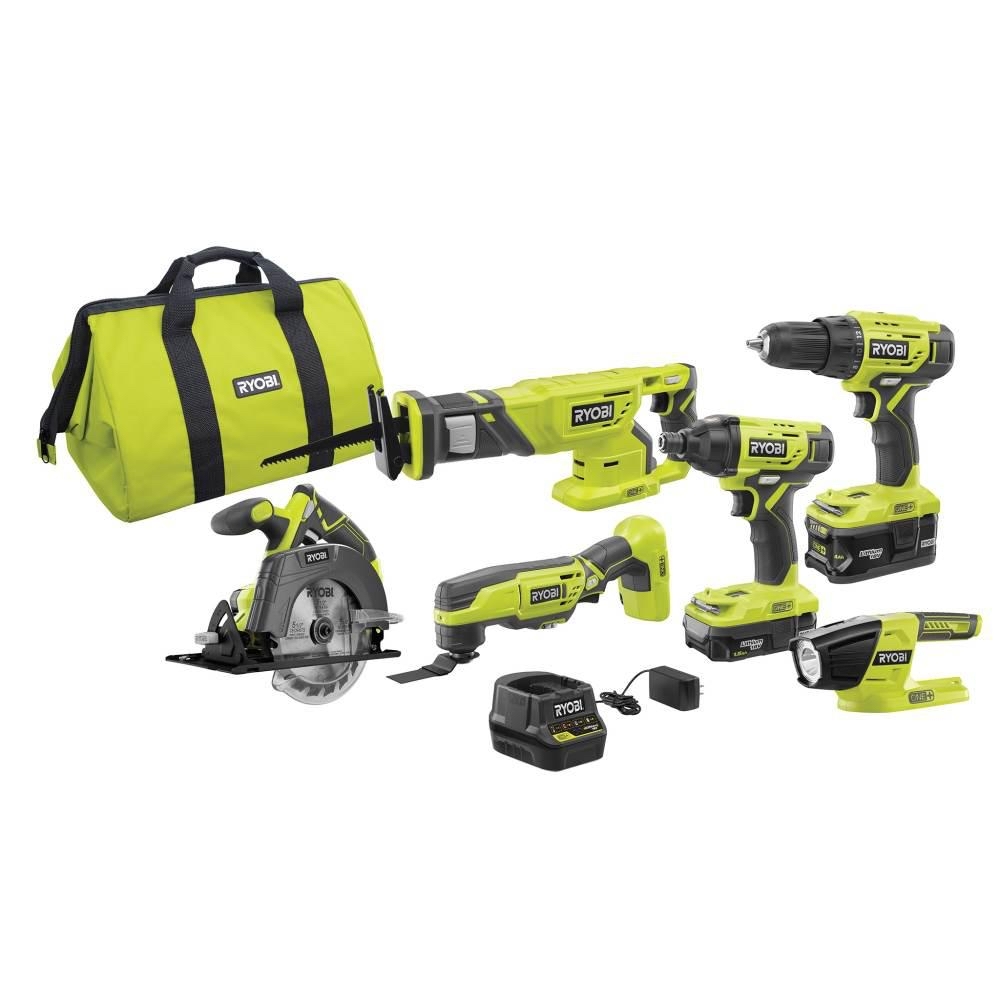 RYOBI ONE+ 18V Lithium-Ion Cordless 6-Tool Combo Kit with (2) Batteries, Charger, and Bag-P1819 - $199