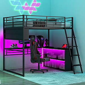 Euroco Full Size Metal Loft Gaming Bed w/ Desk & LED Light $160 + Free S&H