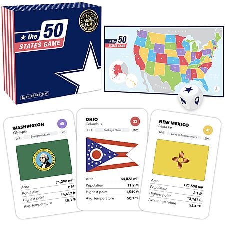 The 50 States Game: US Geography Board Game (2-5 Players, Ages 7+) $14.95 + Free Shipping w/ Prime or on $35+