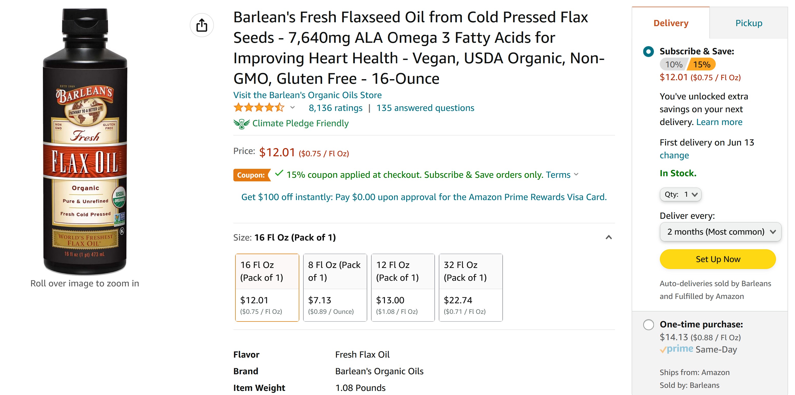 16oz Barlean's Fresh Organic Flaxseed Oil First Cold Pressed - 7,640mg ALA Omega 3 Fatty Acids, Non-GMO, AC & 10% SS, Less w/15% SS, Free Prime Shipping $10.81