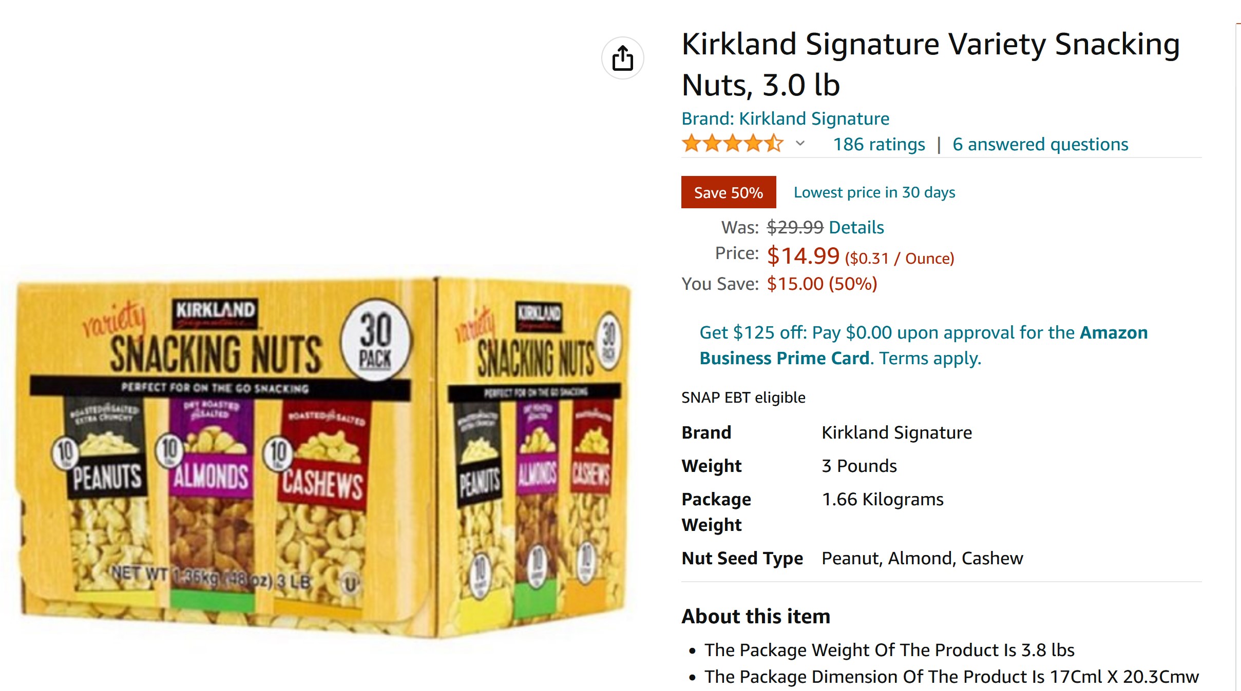 Amazon: Kirkland Signature Variety Snacking Nuts, 3.0 lb (30 packs, 1.6oz ea - 10x Peanuts, 10x Cashews, 10x Almonds) 50% Off, Free Prime Shipping $14.99