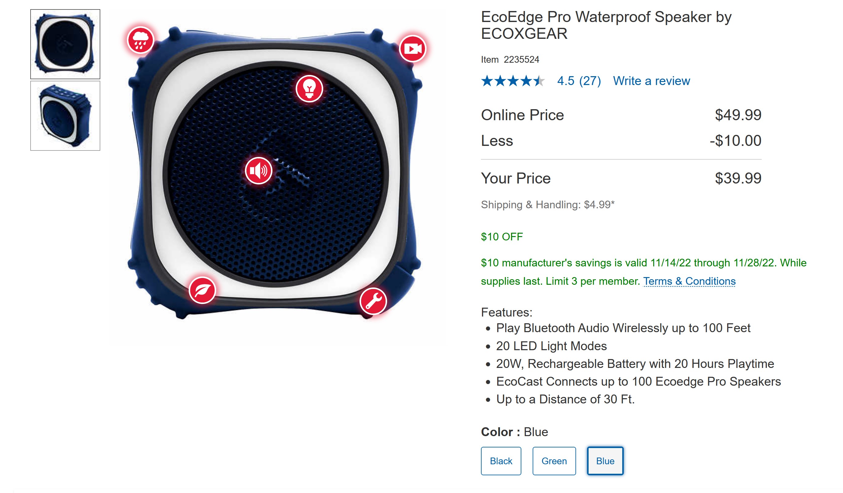 Costco: EcoEdge Pro Waterproof, Floating 20W Bluetooth Speaker w/20 LED Party Lights, w/Google & Siri by ECOXGEAR, Black, Blue or Green $44.98
