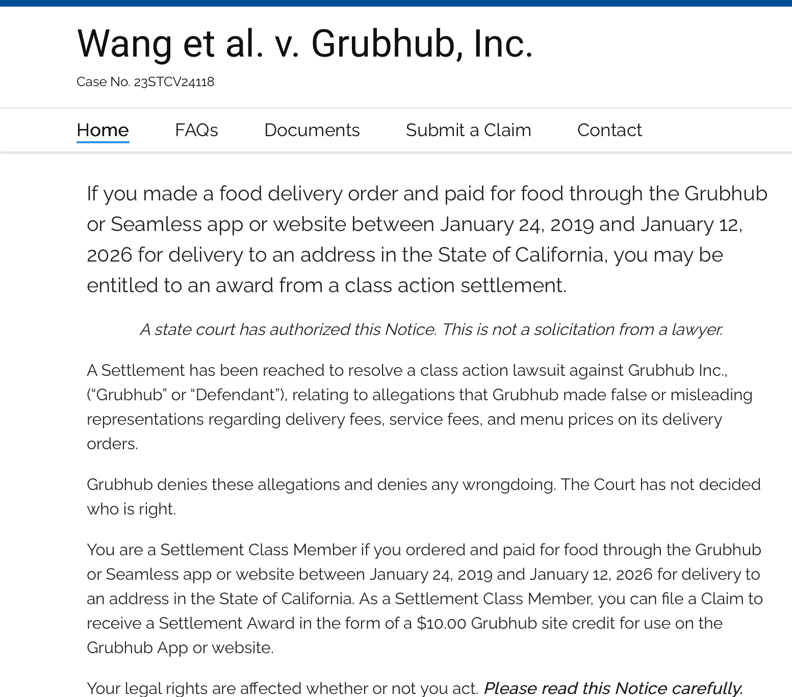 PSA Grubhub Or Seamless Delivery Orders Placed ONLY in CA between 1/24/19 and 1/12/26 Eligible $10 Credit YMMV Lawsuit Settlement