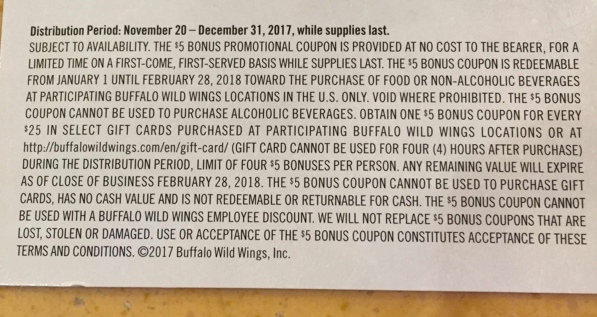 Bww Buffalo Wild Wings 2017 Holiday Gift Card 25 Get 5 No Blazin Bonus This Year