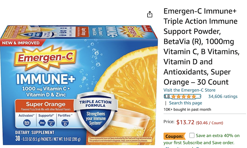 30-count Super Orange Emergen-C Immune+ Triple Action Immune Support Powder, BetaVia (R), 1000mg – w S&S coupon YMMV $7.94