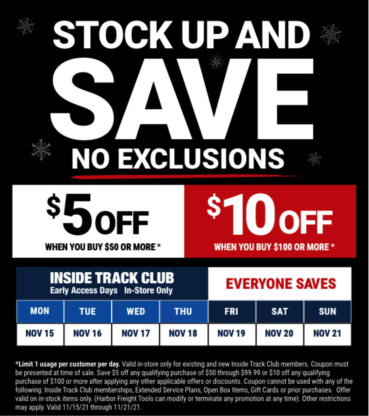 Harbor Freight Stock Up and Save $5 off $50 or $10 off $100 ITC early access 11/15/21 - 11/18/21, Everyone else 11/19/21 - 11/21/21