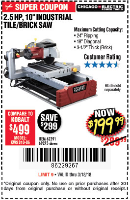 Harbor Freight 10 In 2 5 Hp Tile Brick Saw 199 99 Ac Thru 3 18