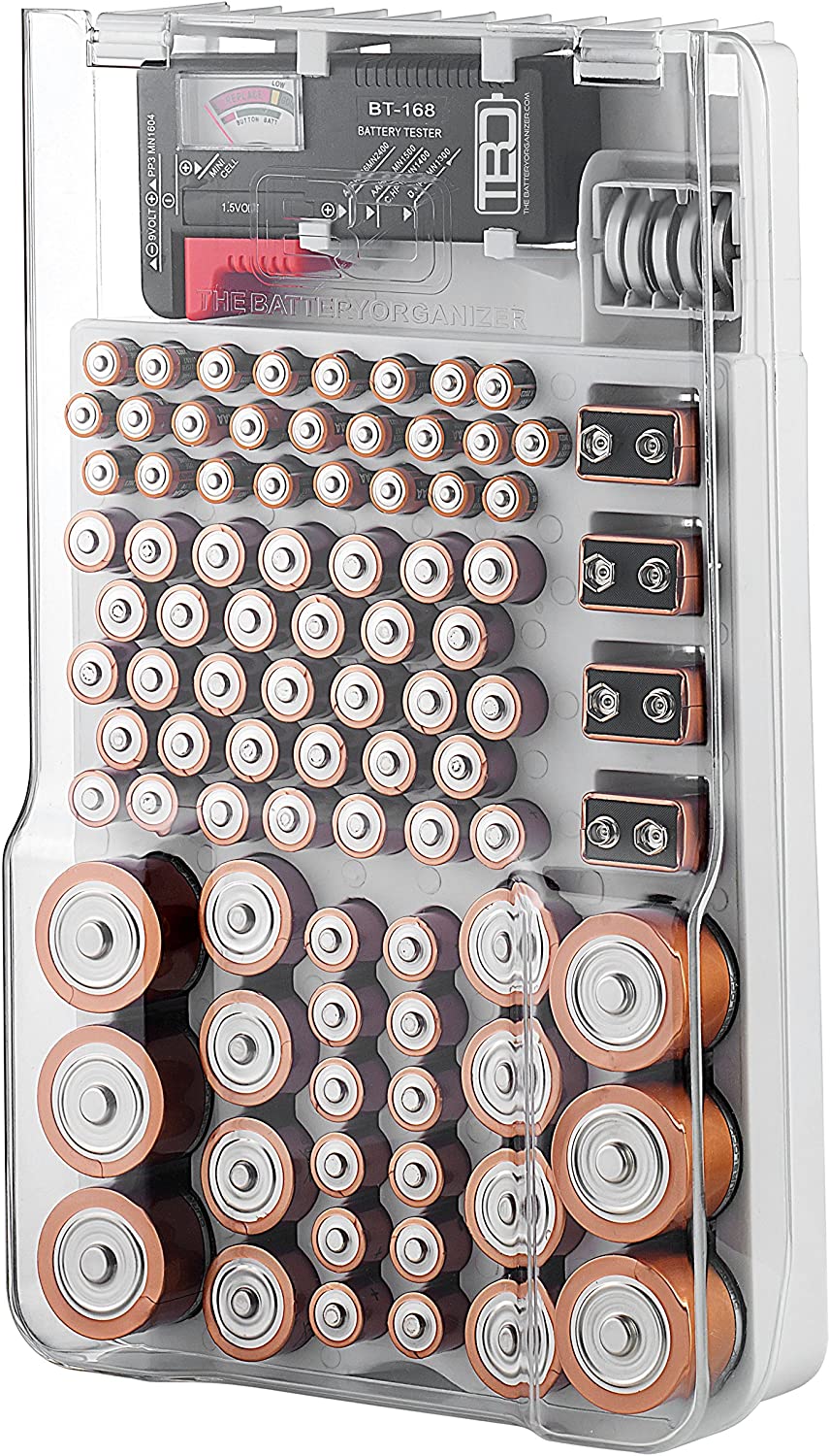 The Battery Organizer Storage Case with Hinged Clear Cover, Includes a Removable Battery Tester, Holds 93 Batteries Various Sizes. $12.99 @ Amazon