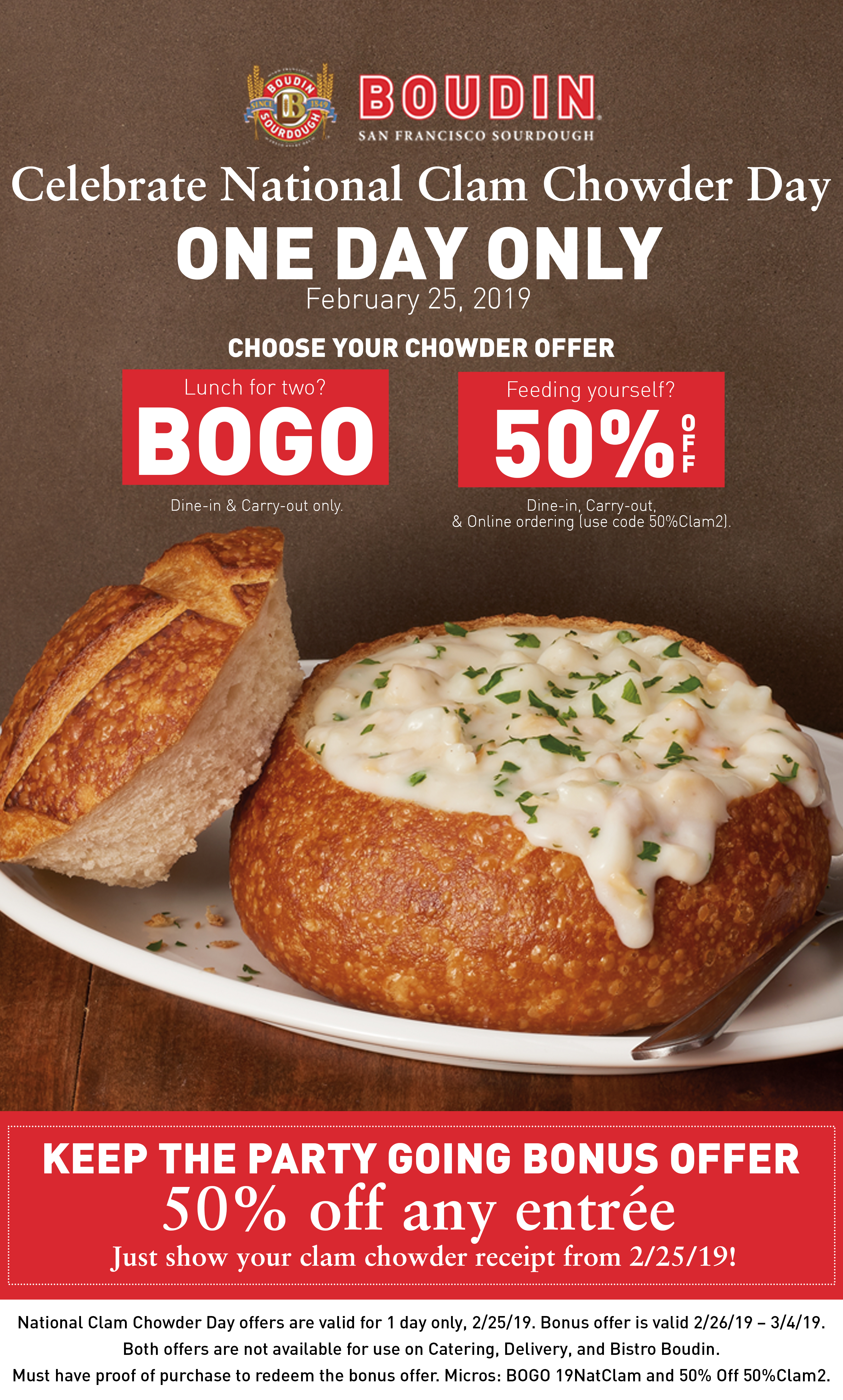 Boudin SF / Bakery (California) 50% Off Clam Chowder (2/25/19 Only)