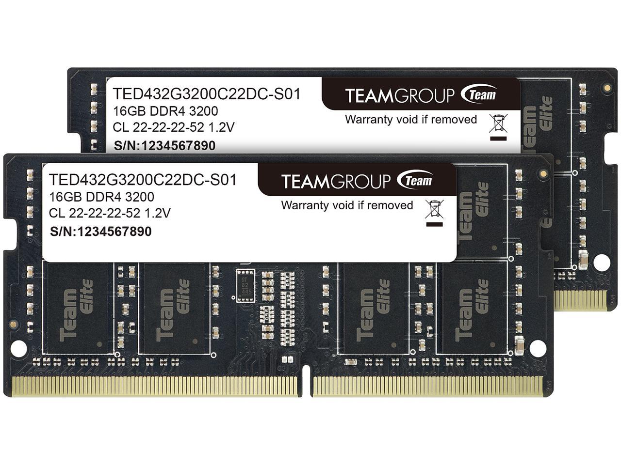 Team Elite 32GB (2 x 16GB) 260-Pin DDR4 SO-DIMM DDR4 3200 (PC4 25600) Laptop Memory - NewEgg $46.99