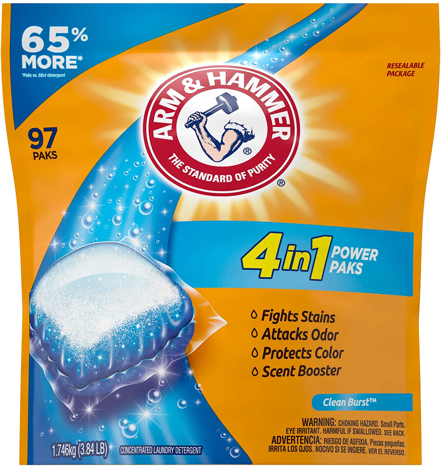 Arm & Hammer 4 in 1 Laundry Detergent Power Paks, 97 ct as low as $7.58 w/ s&s + Free S/H  @ Amazon