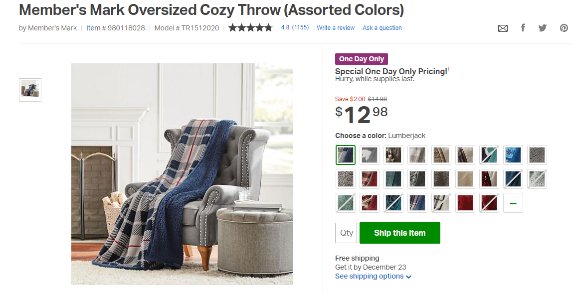 Member's Mark Oversized Cozy Throw Blanket $13+FS @samsclub.com $12.98