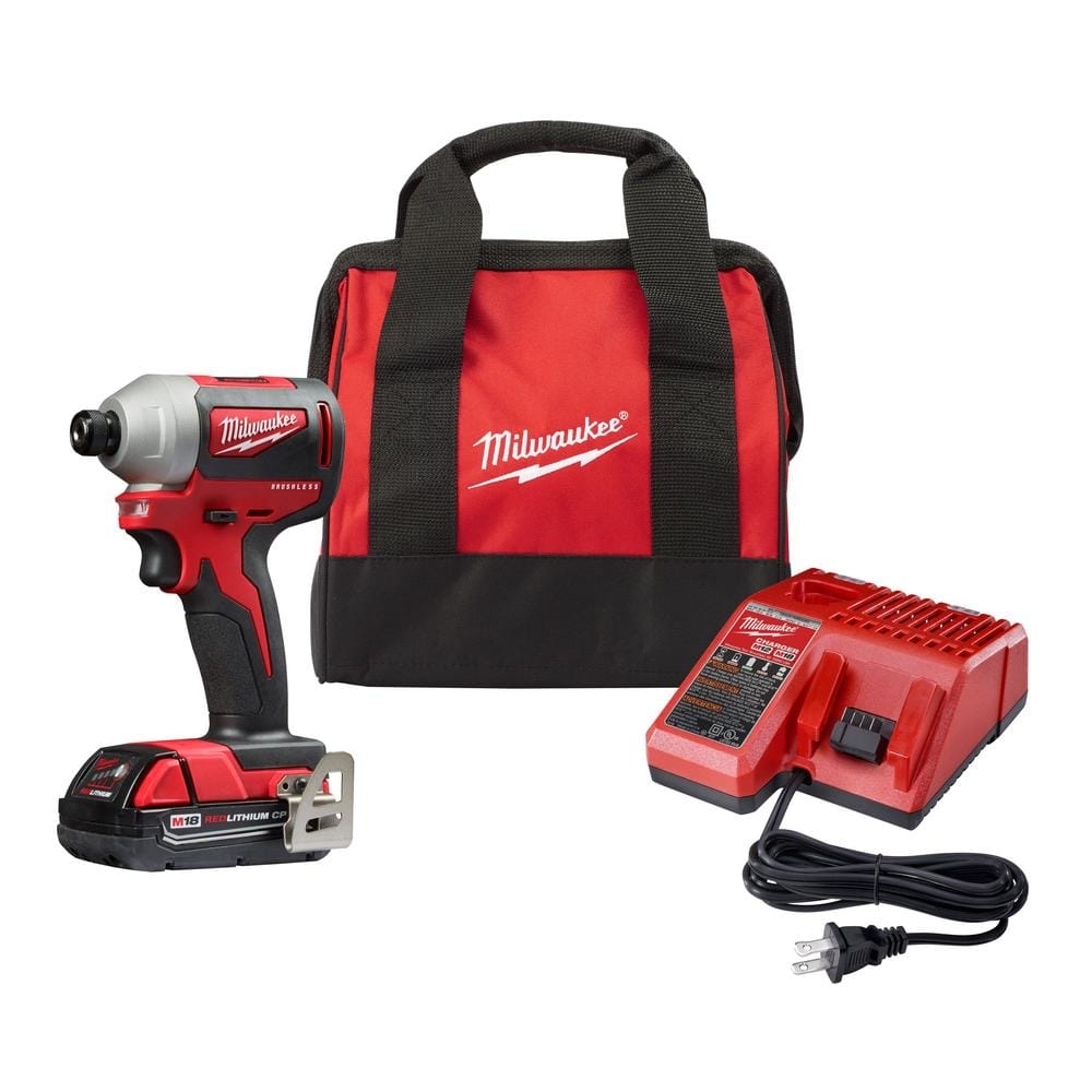 Milwaukee M18 18-Volt Lithium-Ion Compact Brushless Cordless 1/4 in. Impact Driver Kit W/ (1) 2.0 Ah Battery, Charger & Tool Bag 2850-21P - $89.10