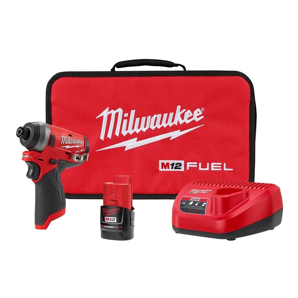 Milwaukee M12 FUEL 12-Volt Lithium-Ion Brushless Cordless 1/4 in. Hex Impact Driver Kit with One 2.0 Ah Battery, Charger and Bag 2553-21 - $89.10