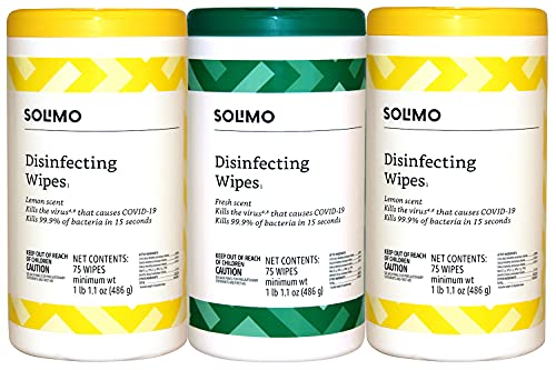 Amazon Brand - Solimo Disinfecting Wipes, Lemon Scent & Fresh Scent, 75 Count (Pack of 3) - $7.00 /w S&S - Amazon