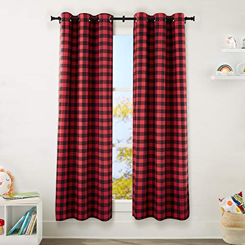 Amazon Basics Kids Room Darkening Blackout Window Curtain Set with Grommets - 42" x 84", Red Buffalo Plaid - $8.07 - Amazon