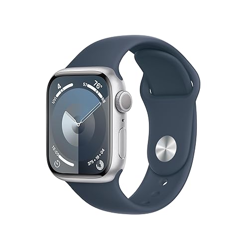 $309.00: Apple Watch Series 9 [GPS 41mm] Smartwatch with Silver Aluminum Case with Storm Blue Sport Band S/M