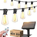 $17.47*: 60' Stright Solar Powered LED Outdoor Edison Bulb String Lights w/ Remote at Amazon