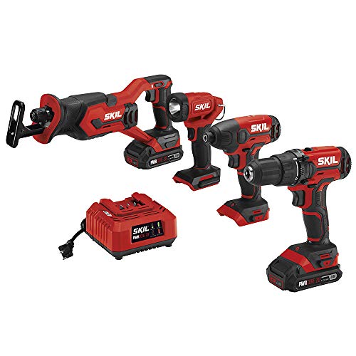 $93.91: SKIL 4-Tool Kit: 20V Cordless Drill Driver, Impact Driver, Reciprocating Saw and LED Spotlight, Includes Two 2.0Ah Lithium Batteries and One Charger - CB739601, White