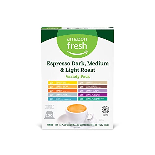 $21.50 w/ S&S: Amazon Fresh Espresso Dark, Medium & Light Roast Aluminum Capsules, Variety Pack, Compatible with Nespresso Original Brewers, 100 Count