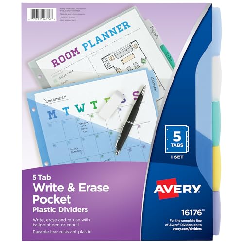 $2.04: Avery Write & Erase Pocket Plastic Dividers for 3 Ring Binders, 5 Tab Set