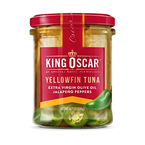 $32.06 w/ S&S: King Oscar Yellowfin Tuna Fillets in Extra Virgin Olive Oil, Jalapeño Peppers, 6.7-Ounce Glass Jars (Pack of 6)