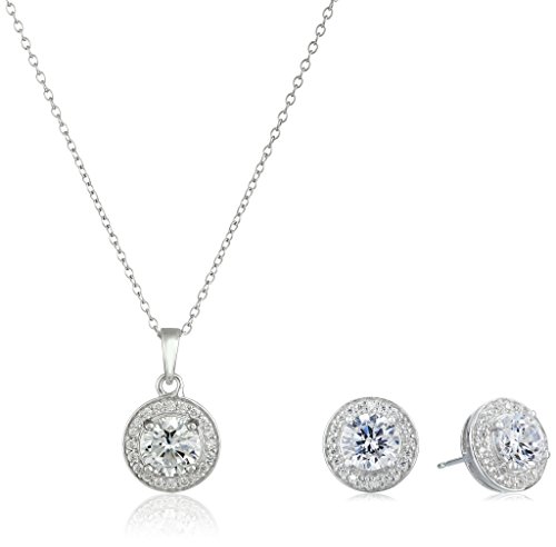 $9: Amazon Essentials womens Sterling Silver Cubic Zirconia Halo Pendant Necklace and Stud Earrings Jewelry Set