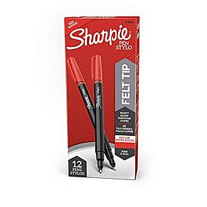 $  11.64 /w S&S: SHARPIE Felt Tip Pens, Fine Point (0.4mm), Red, 12 Count (97¢ / pen)