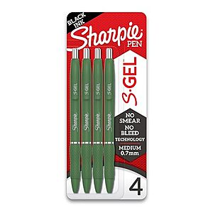 $  5.25 /w S&S: SHARPIE S-Gel, Gel Pens, Medium Point (0.7mm), Green Barrel, Black Ink, 4 Count
