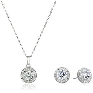 Amazon Essentials womens Sterling Silver Cubic Zirconia Halo Pendant Necklace and Stud Earrings Jewelry Set