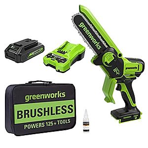 $100: Greenworks 24V 6" Brushless Mini Chainsaw, Small Cordless Handheld Saw, 2.0Ah Battery and Charger Included