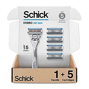 Schick Hydro Dry Skin Razor, 1 Razor Handle and 5 Cartridges