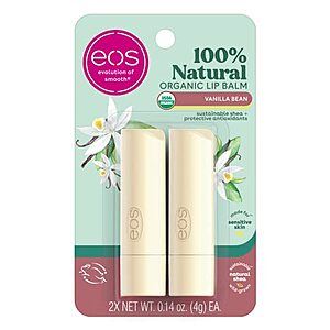 eos 100% Natural & Organic Lip Balm Sticks- Vanilla Bean, 0.14 oz, 2-Pack