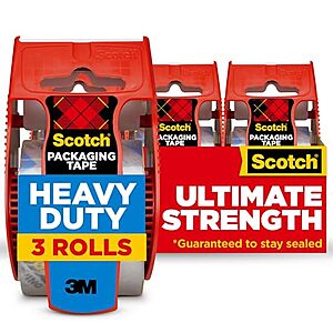 Scotch Heavy Duty Packaging Tape, 1.88 x 22.2 yd, 1.5" Core, Clear, 3 Rolls with Dispenser