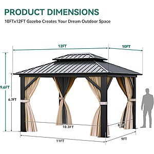 10'x12' YITAHOME Double Roof Gazebo w/ Netting & Curtains (Brown) 0 + Free Shipping