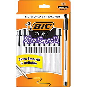 10-Count BIC Cristal Xtra Smooth Medium Point Ballpoint Pens (Black) $1 & More