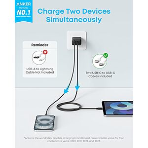 2-Pack Anker 20W 2-Port USB-C Wall Chargers w/ 5' USB-C Cables (Black) 