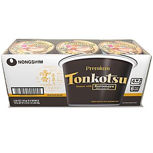 [S&S] $7.79*: 6-Pk 3.56-Oz Nongshim Premium Tonkotsu Ramen Noodle Soup w/ Kuromayu Big Bowls at Amazon