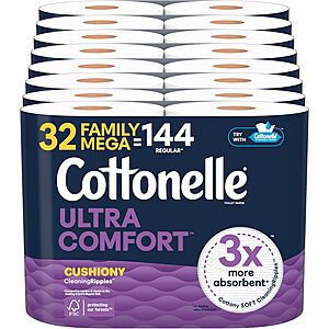 32-Pack 296-Sheets Cottonelle Toilet Paper Family Mega Rolls (Ultra Comfort) $22.60 w/ Subscribe & Save
