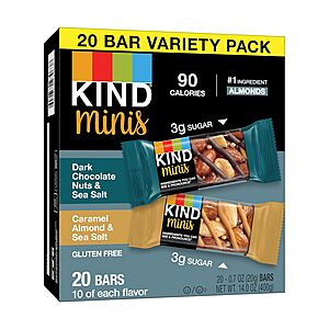 20-Pk 0.7-Oz KIND Minis Bars (Dark Chocolate Nuts or Caramel Almond & Sea Salt) .05 w/ Subscribe & Save