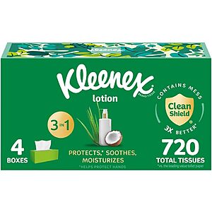 4-Pack 180-Count Kleenex Lotion Facial 3-Ply Tissues $8 w/ Subscribe & Save & More