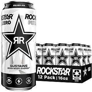 12-Count 16-Oz Rockstar Pure Zero Energy Drink w/ Caffeine & Taurine (Silver Ice) $11.40 w/ Subscribe & Save