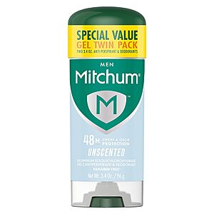 2-pk 3.4-oz Mitchum Antiperspirant Deodorant Stick for Men (Unscented) .40 w/ Subscribe & Save