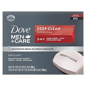 8-Count 3.75-Oz Dove Men+Care 3-in-1 Bar Soap (Extra Fresh or Deep Clean) .70 w/ Subscribe & Save