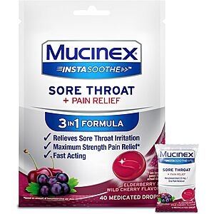 40-Ct Mucinex Instasoothe Sore Throat Relief Medicated Drops (Elderberry & Cherry) alt=