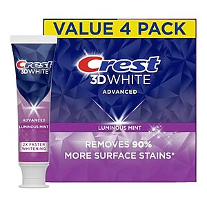 [S&S, AC] $9.59: 4-Pack 3.7-Oz Crest 3D White Advanced Toothpaste (Luminous Mint) at Amazon ($2.40 each)