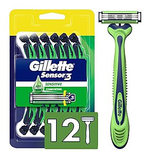 [S&S] $9.96: 12-Count Gillette Sensor3 Disposable Razor for Men (Sensitive) at Amazon (83￠ each)