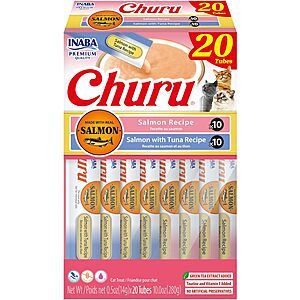 20-Pack 0.5-Oz INABA Churu Squeezable Creamy Pure Cat Treats (Salmon & Tuna) .40 w/ Subscribe & Save