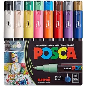 16-pk uni POSCA PC-1M Water-Based Paint Markers, Extra Fine Tip (0.7mm) $16.95