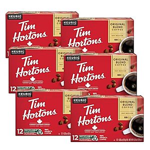 [S&S, AC] $50.38*: 2 × 72-Count Tim Hortons Original Blend Medium Roast  K-Cup Coffee Pods ($25.19 each) at Amazon